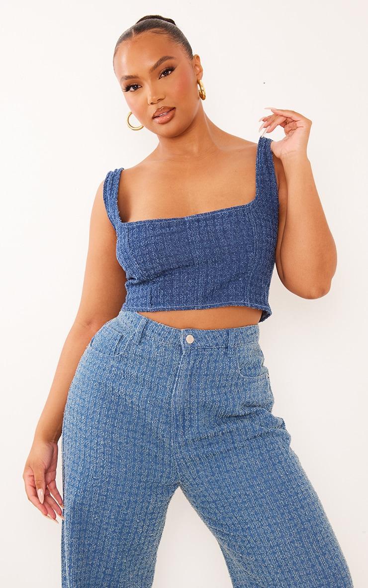 Plus Blue Textured Corset Denim Top Product Image