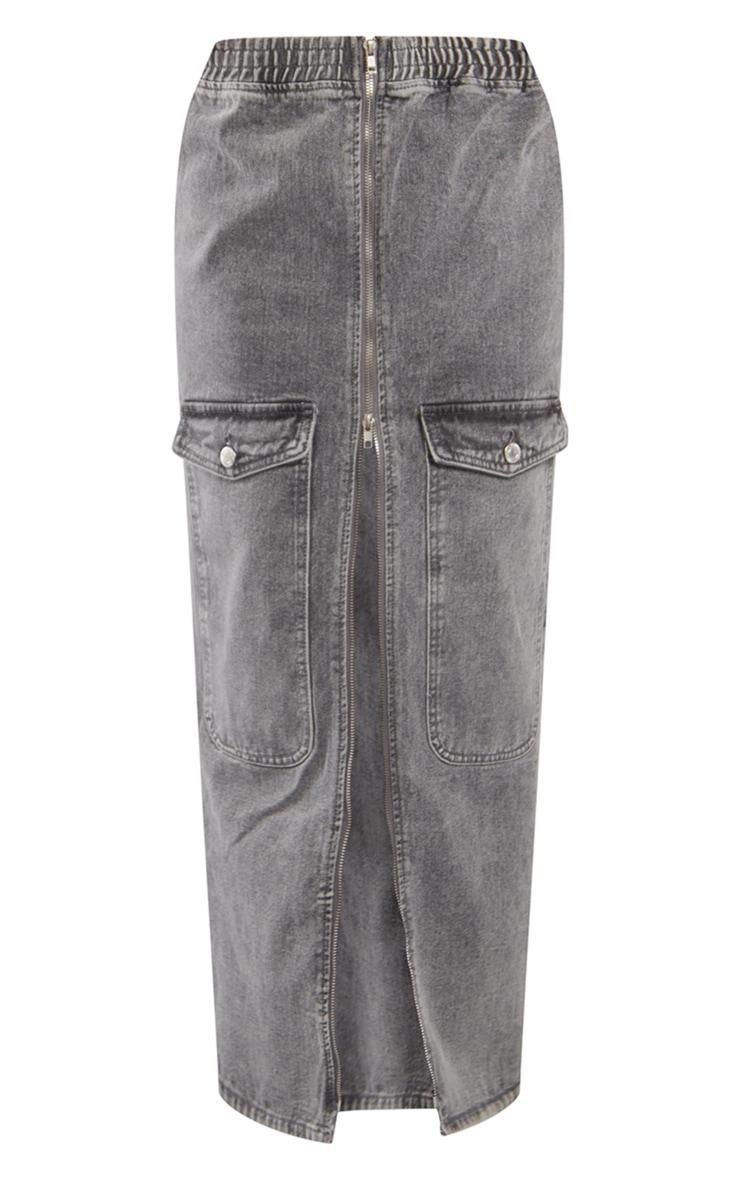 Washed Grey Cargo Pocket Zip Front Midi Denim Skirt Product Image