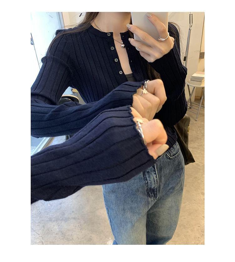 Long-Sleeve Crew Neck Plain Half-Buttoned Slim Fit Knit Top Product Image