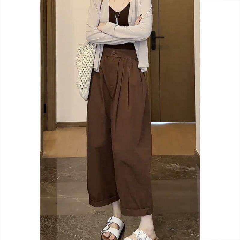 Plus Size High Rise Plain Wide Leg Cropped Pants Product Image