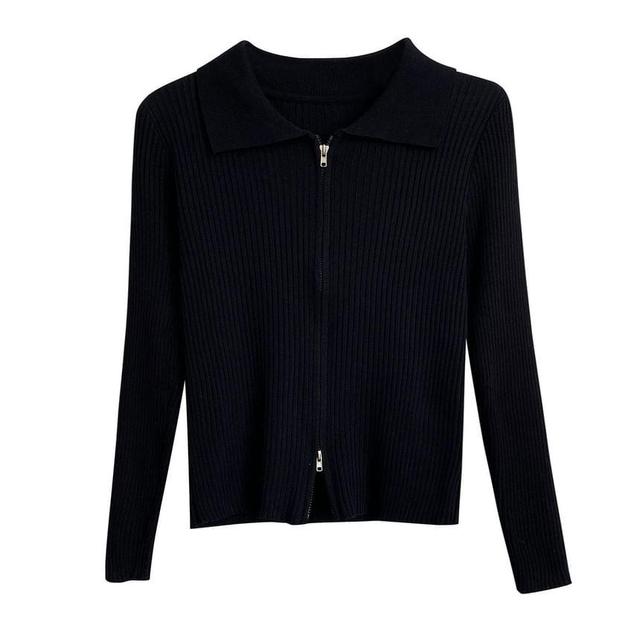 Collar Plain Ribbed Zip Cardigan Product Image