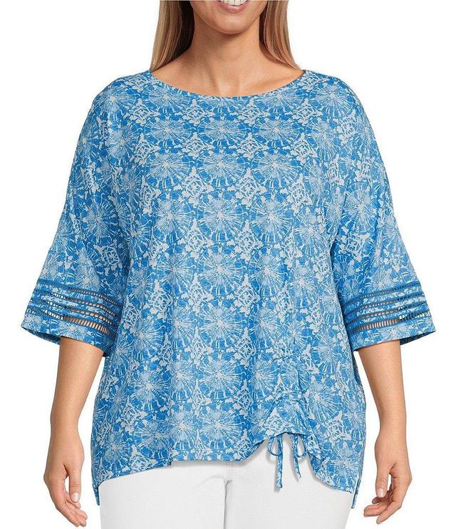 Ali Miles Plus Size Printed Knit Linen Blend Crew Neck 3/4 Sleeve Hi-Low Hem Pop Over Tunic Product Image