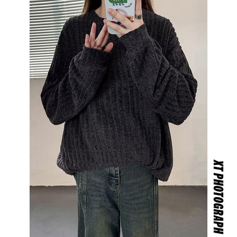 Crew Neck Plain Ribbed Knit Sweater Product Image