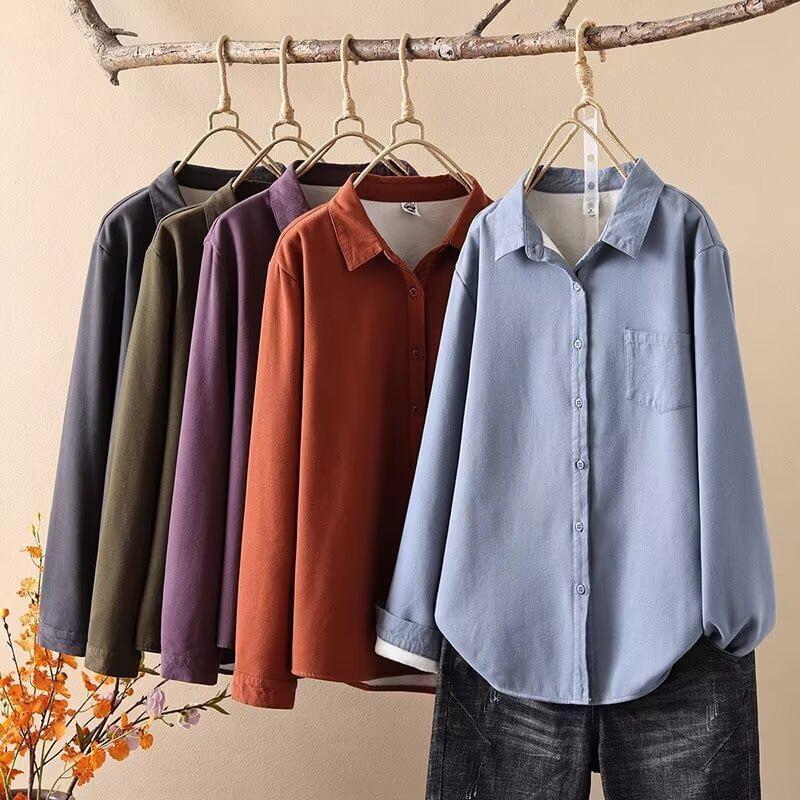 Plain Fleece-Lined Button-Up Shirt Product Image