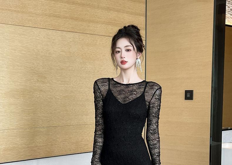 Long-Sleeve Round Neck Lace Midi A-Line Dress Product Image