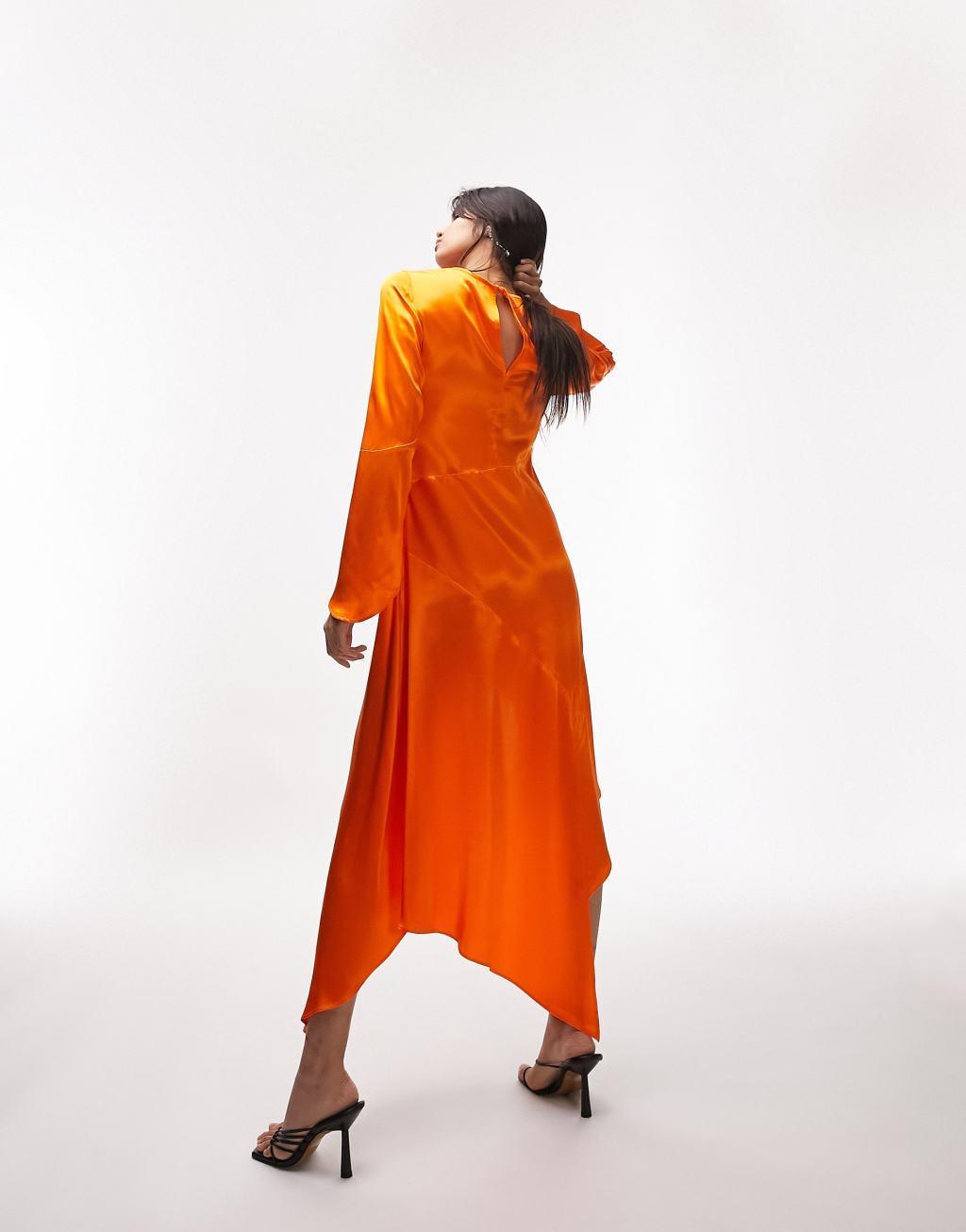 Topshop satin asymmetric slash detail midi dress in orange Product Image