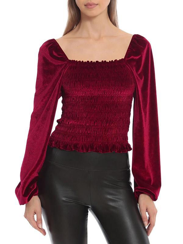 Long Sleeves Loose Elasticity Solid Color Velvet Square-Neck T-Shirts Tops Product Image