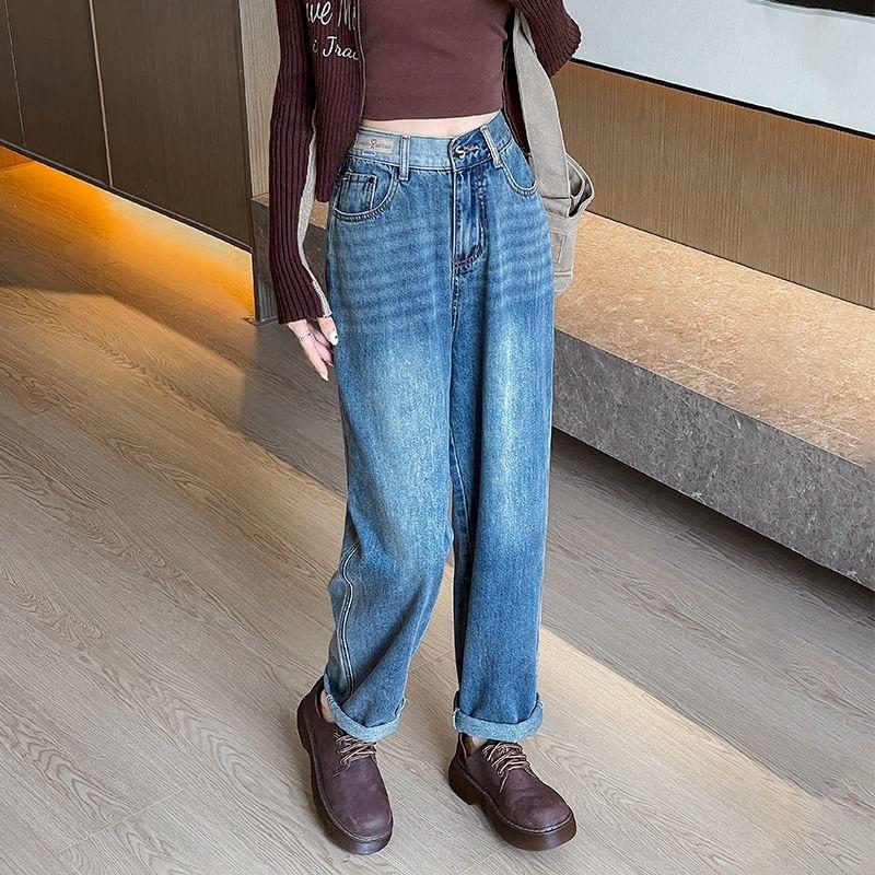 High Waist Washed Loose Fit Jeans Product Image