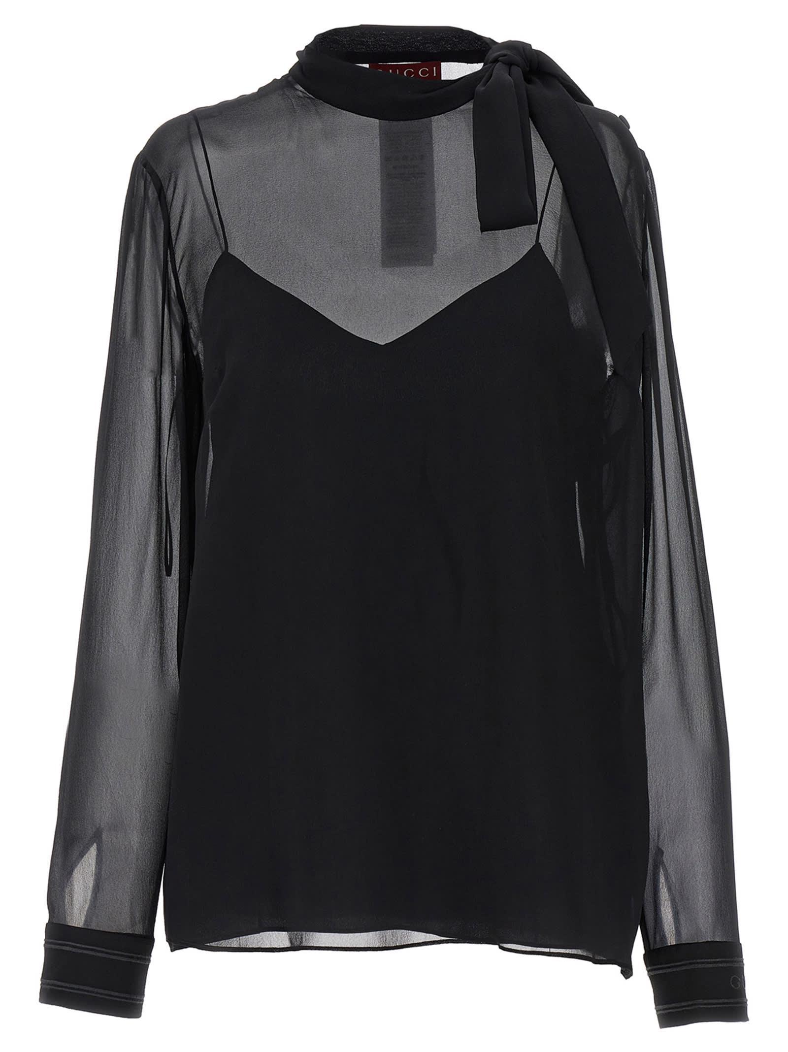 Tie-neck Silk Georgette Blouse In Black Product Image