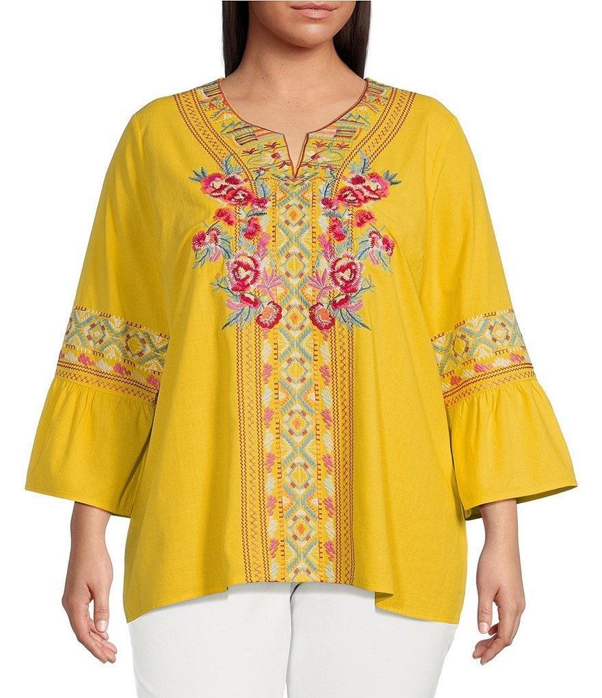 Calessa Plus Size Embroidered Split Neck Tie Detail 3/4 Sleeve Pullover Blouse product image