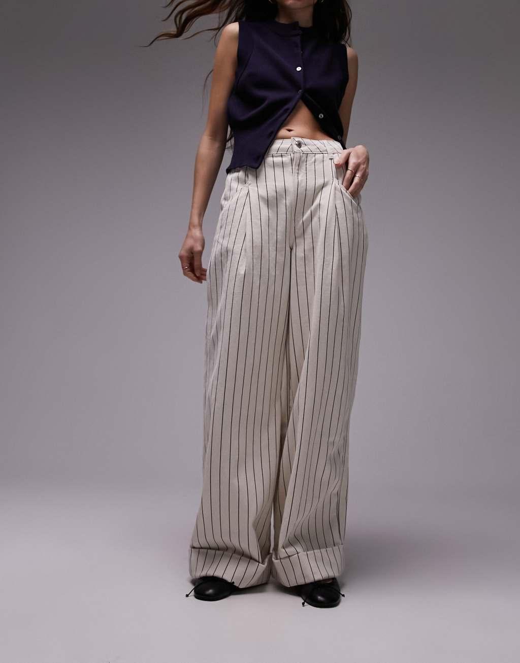 Topshop stripe wide leg cuffed hem pants in ecru Product Image