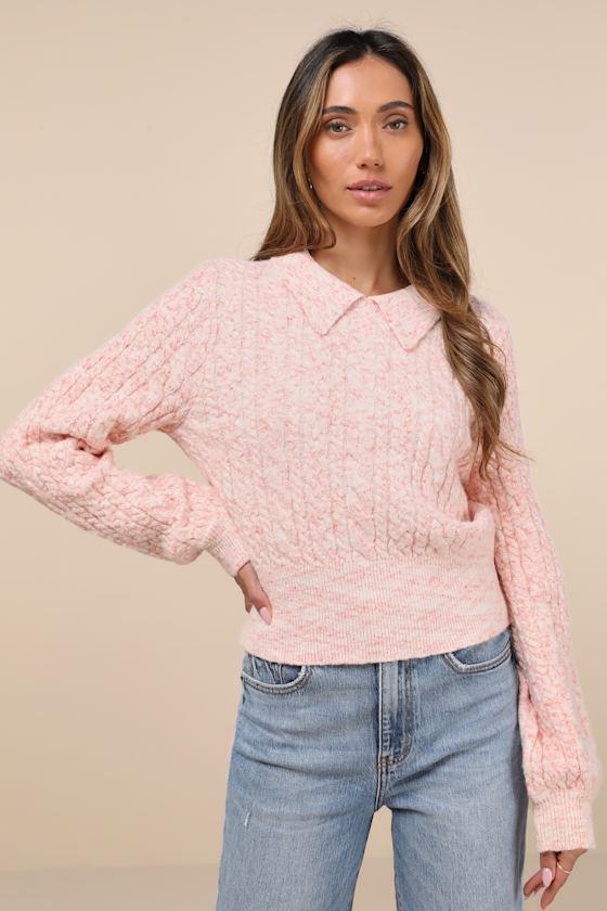 Envied Comfort Marled Coral Pink and White Cable Knit Sweater Product Image