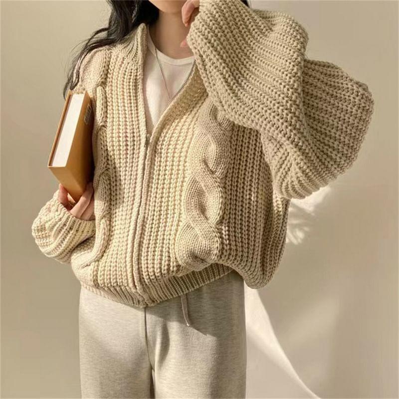 Round Neck Plain Cable Knit Zip Cardigan Product Image