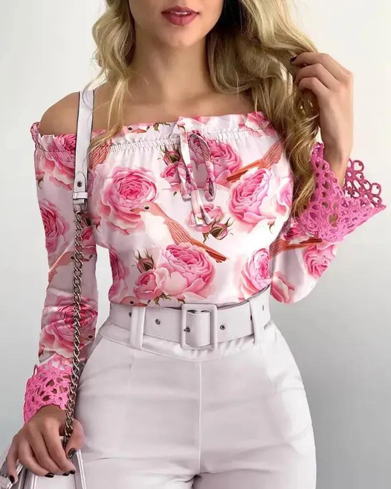 Olivia Mark – Bird floral-print guipure lace patch off-the-shoulder top Product Image