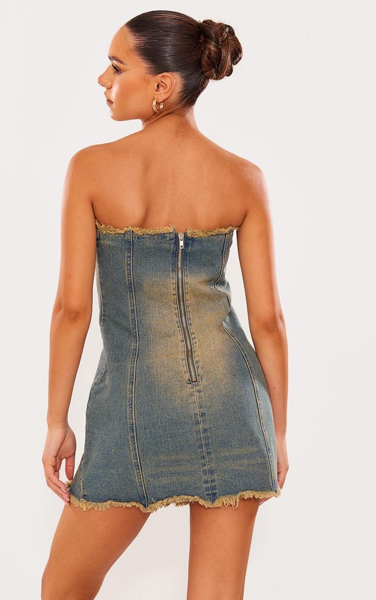 Vintage Wash Raw Edge Split Detail Denim Bandeau Mini Dress Product Image