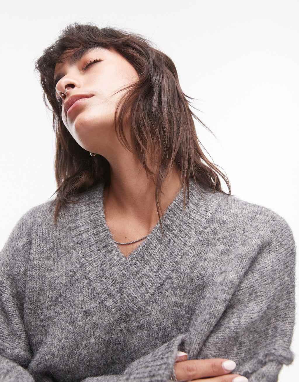 Topshop knit high V-neck fluffy sweater in gray Product Image