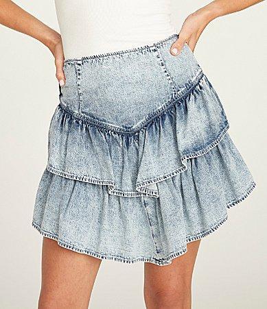 Driftwood Acid Wash Tiered Ruffled Denim Skirt Product Image