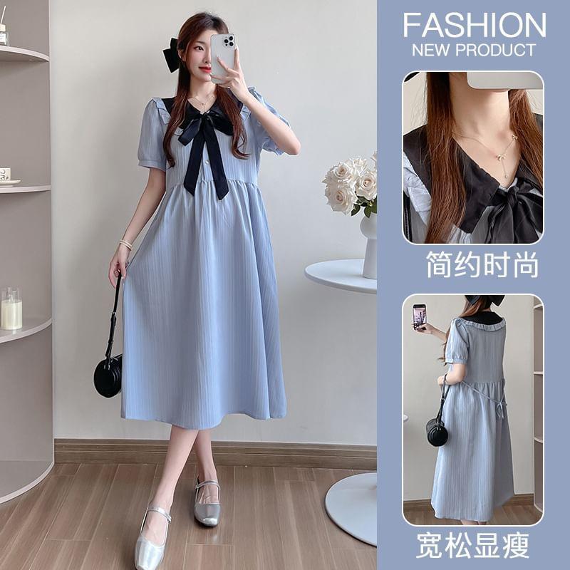 Maternity Short Sleeve Collared Two Tone Bowknot Midi A-Line Dress Product Image