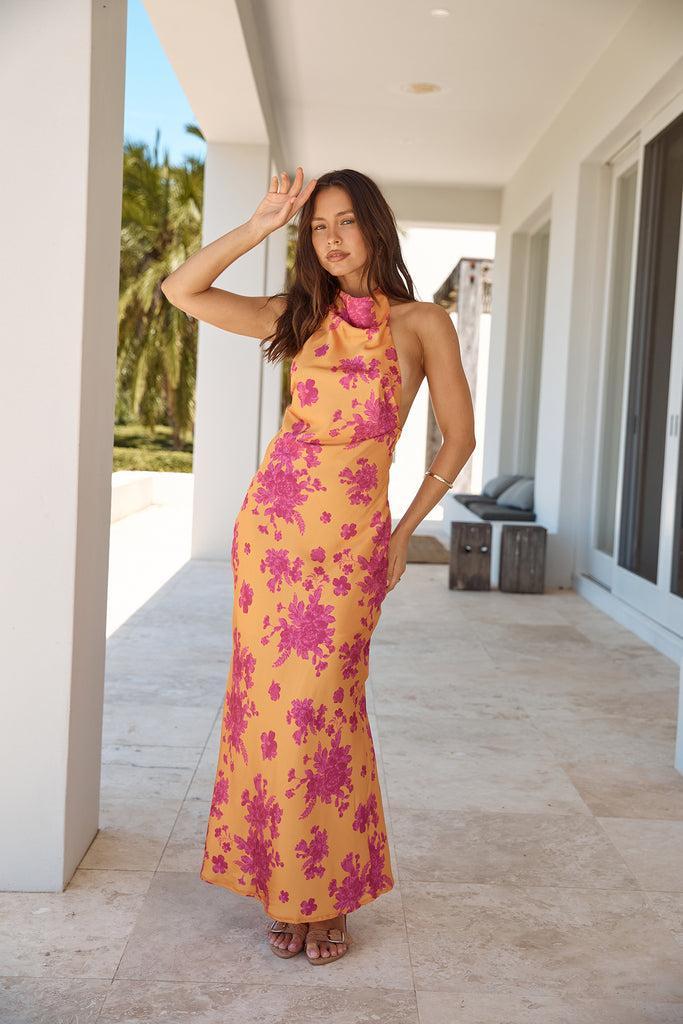 Sunset Skies Halter Maxi Dress Orange Product Image