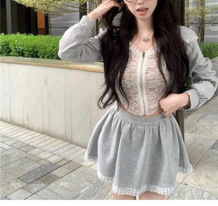 Mock Two-Piece Lace Panel Zip-Up Crop Hoodie / High Waist Mini A-Line Skirt Product Image