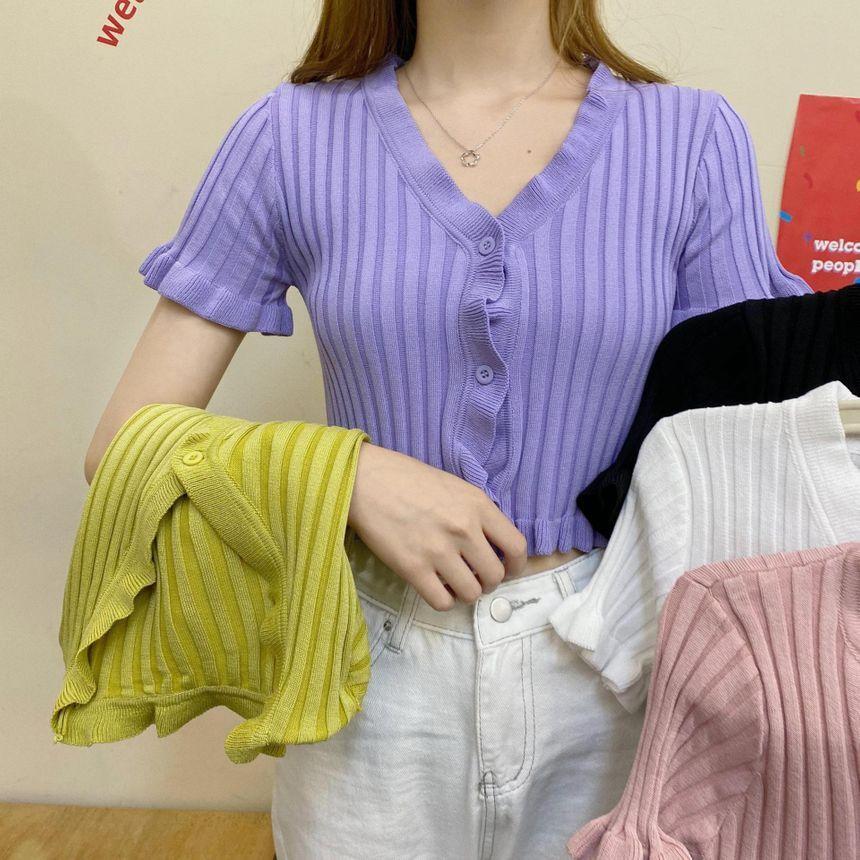 Short-Sleeve Ruffled Trim Knit Top Product Image