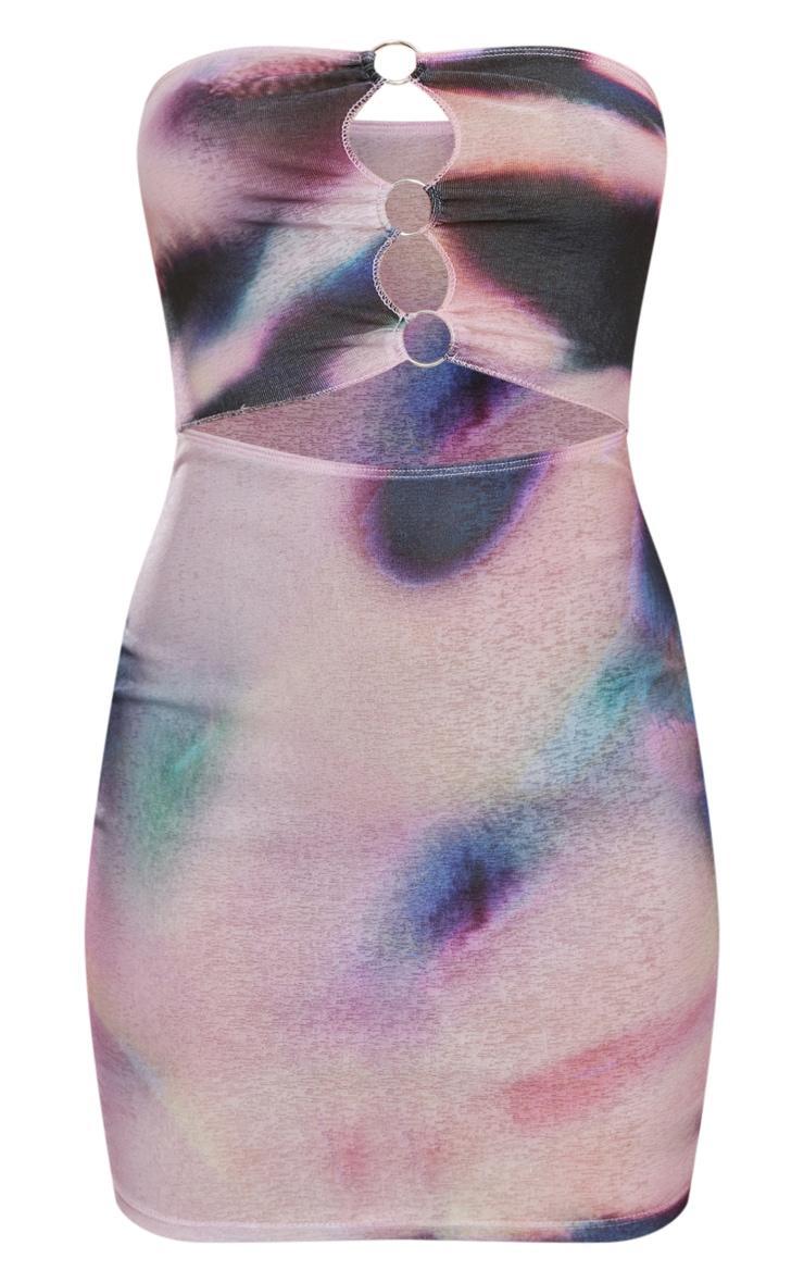  Pink Abstract Print Bandeau Ring Detail Burn Out Mesh Bodycon Dress Product Image