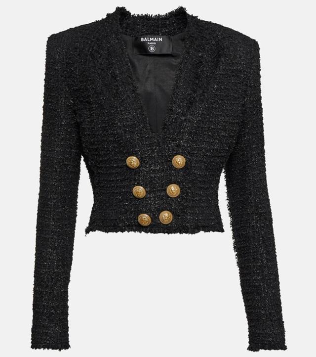 Button-embellished Metallic Tweed Jacket In Black Product Image