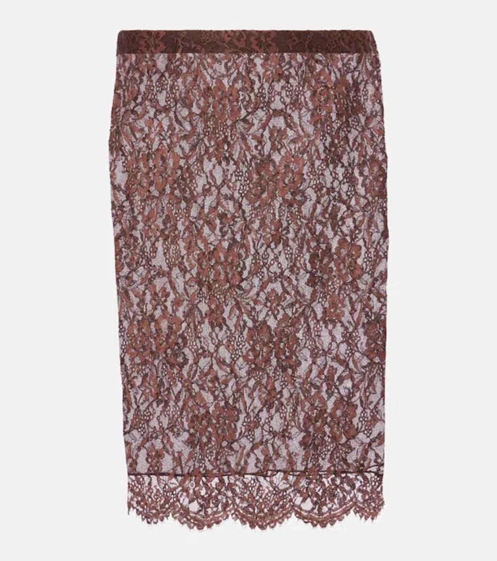 SAINT LAURENT Floral Lace Pencil Skirt In Brown Product Image