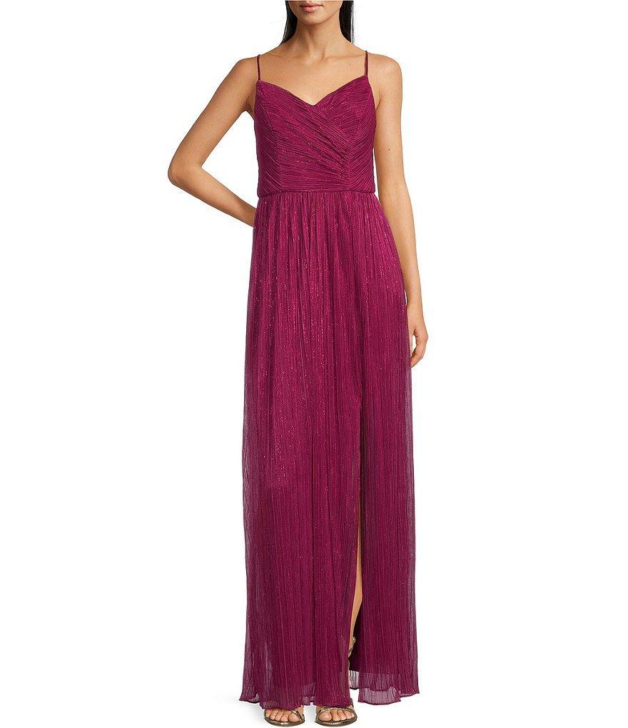 Alex Evenings Shimmer Sleeveless Spaghetti Strap Sweetheart Neck Front Slit Pleated Gown Product Image