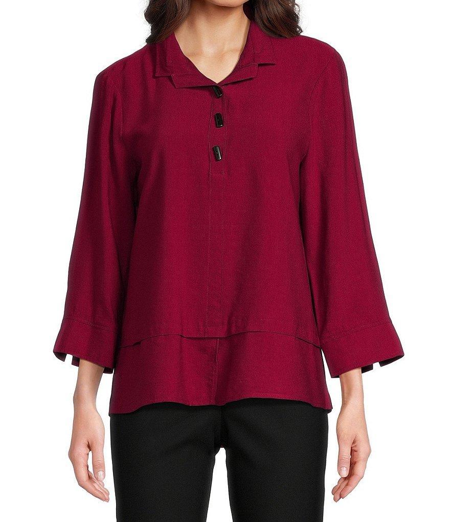 Ali Miles Solid Woven Point Collar 3/4 Roll-Tab Sleeve Blouse Product Image