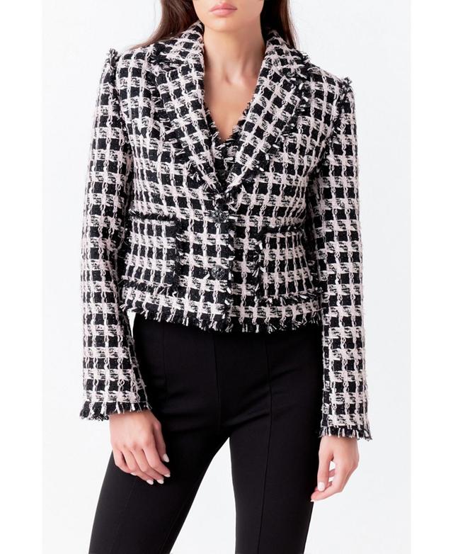 Womens Fringed Tweed Blazer - Black Product Image