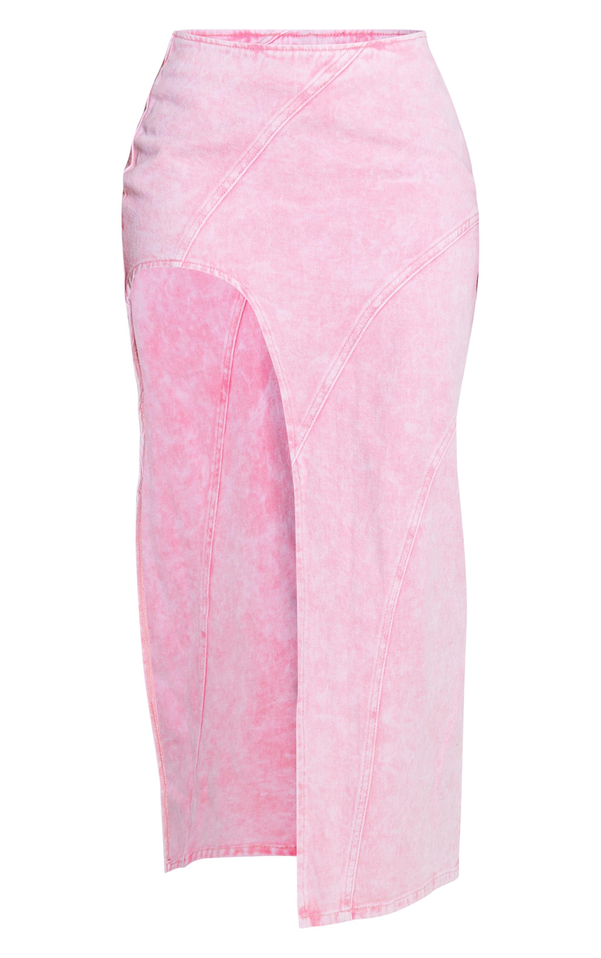 Shape Washed Pink Denim Seam Detail High Split Maxi Skirt Product Image