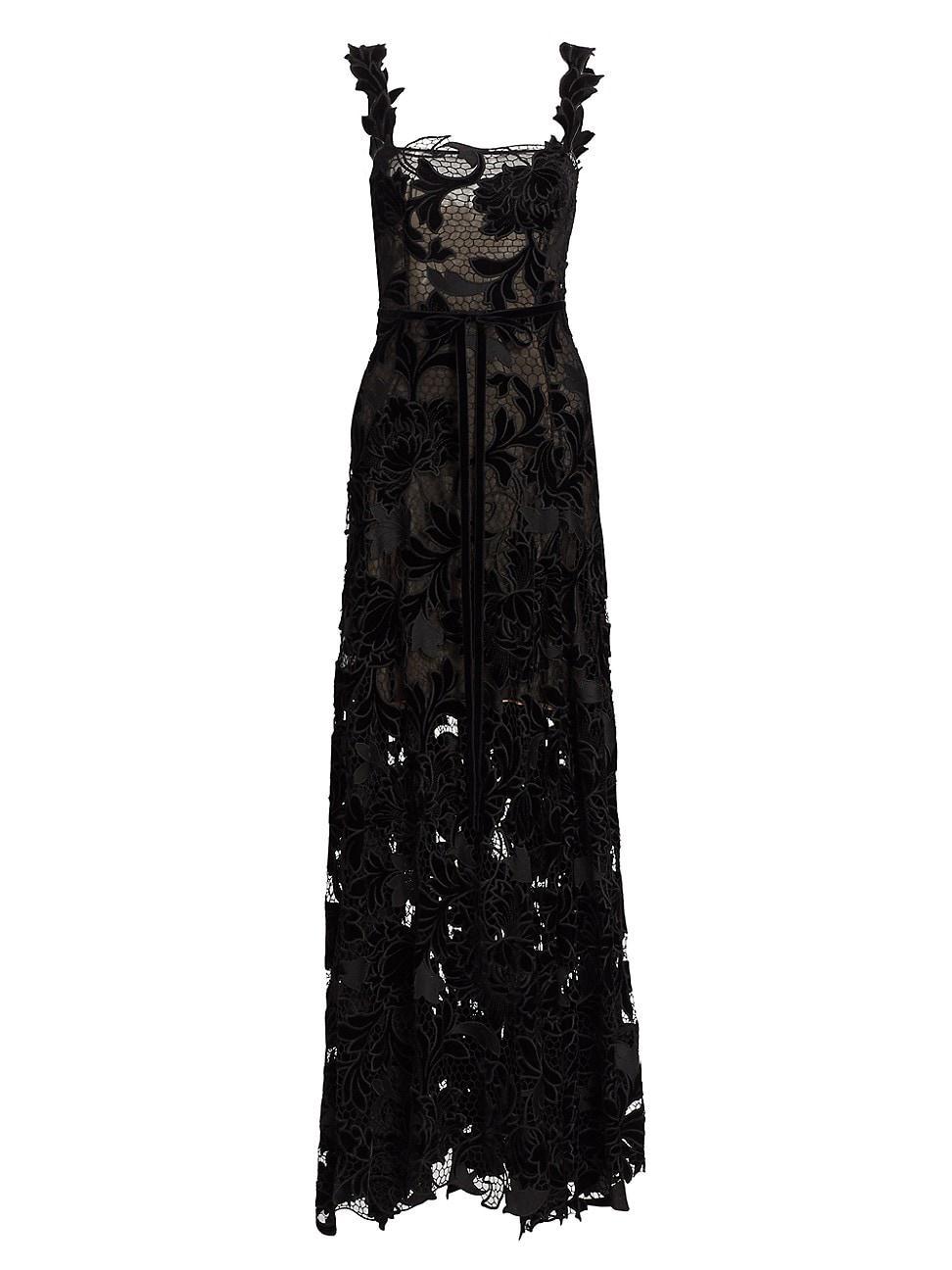 Womens Velvet Floral-Embroidered Guipure Lace Gown Product Image