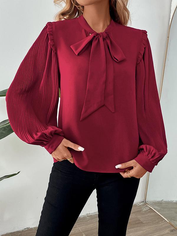 Long Sleeves Loose Pleated Ruffle Trim Solid Color Split-Joint Tied V-Neck Blouses&Shirts Tops Product Image