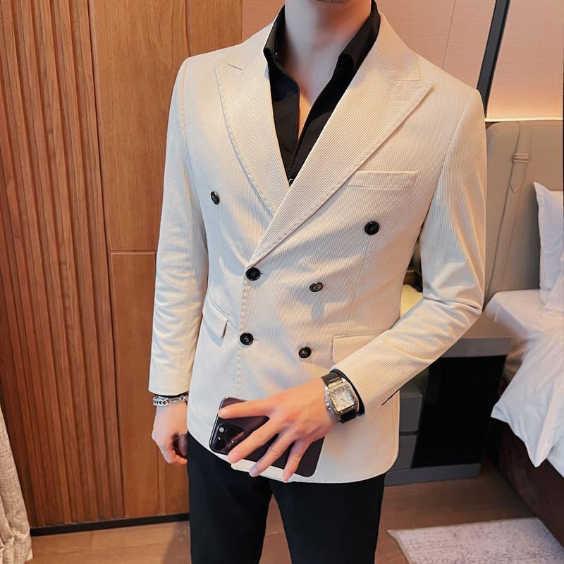 Peak Lapel Plain Corduroy Double Breasted Blazer Product Image