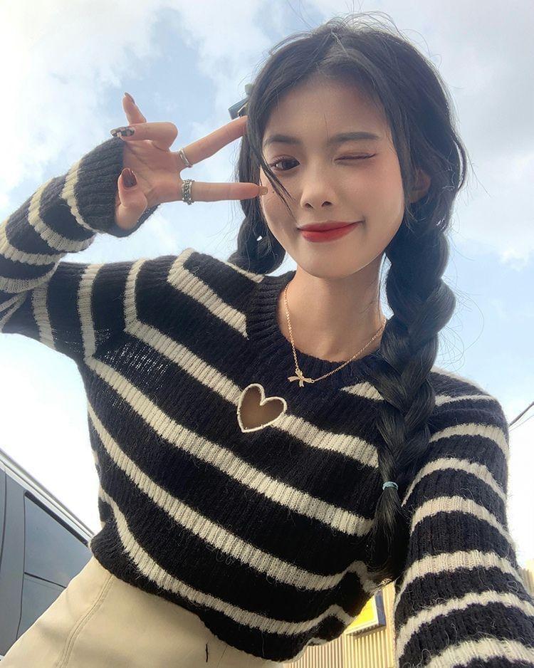 Long-Sleeve Crewneck Heart Cutout Striped Knit Top Product Image