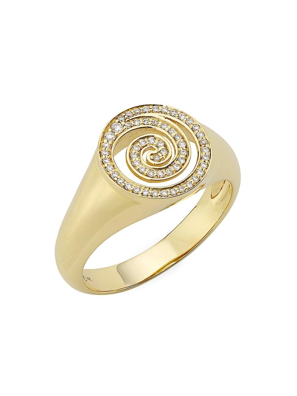 Womens 14K Yellow Gold & Diamond Spiral Signet Ring Product Image