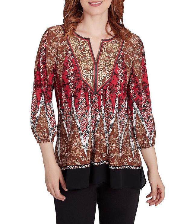 Ruby Rd. Petite Size Printed Embellished Crepe Knit Split V-Neck 3/4 Sleeve Top Product Image