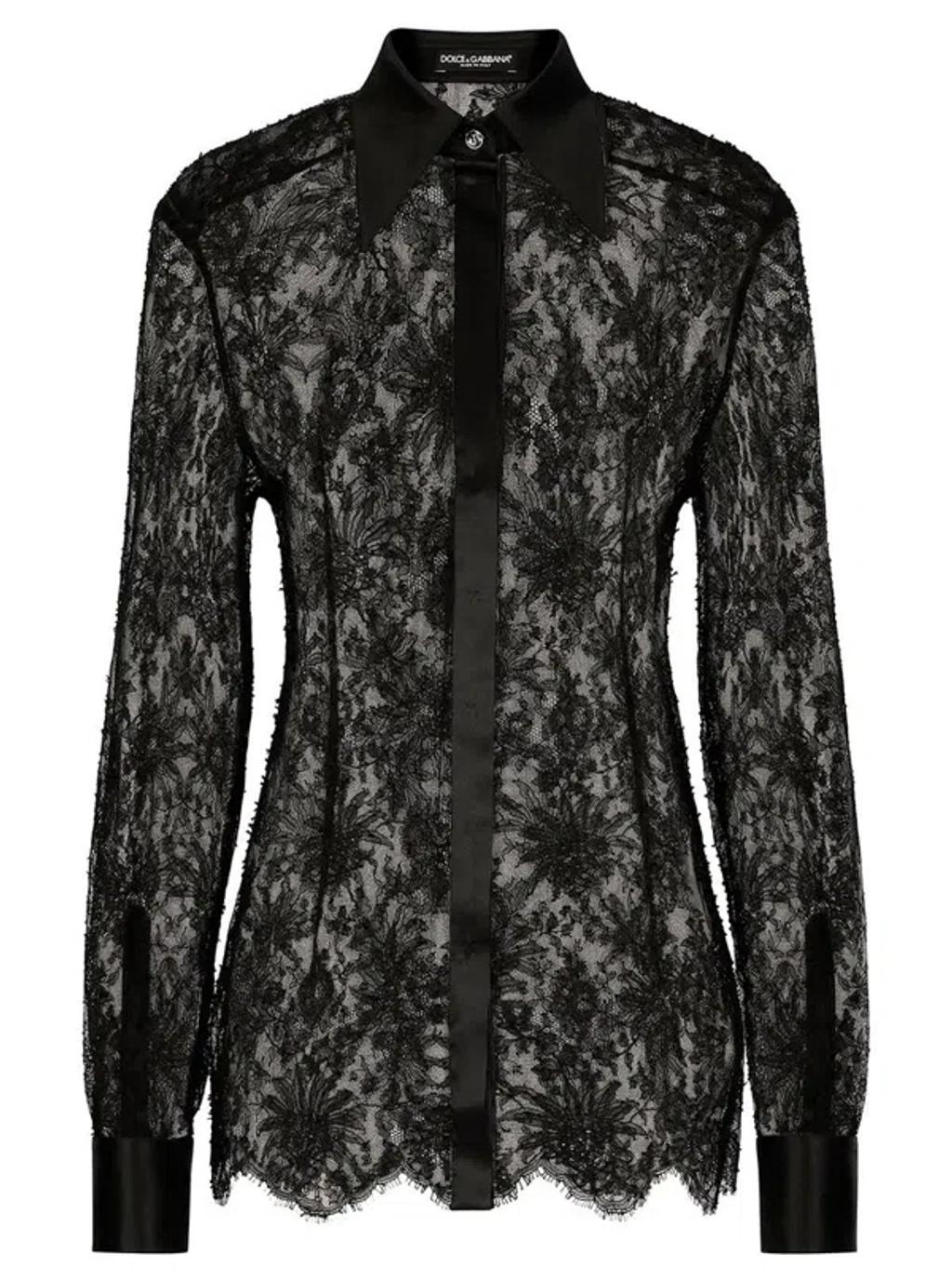 DOLCE & GABBANA Chantilly Lace Shirt With Satin Details In Black Product Image