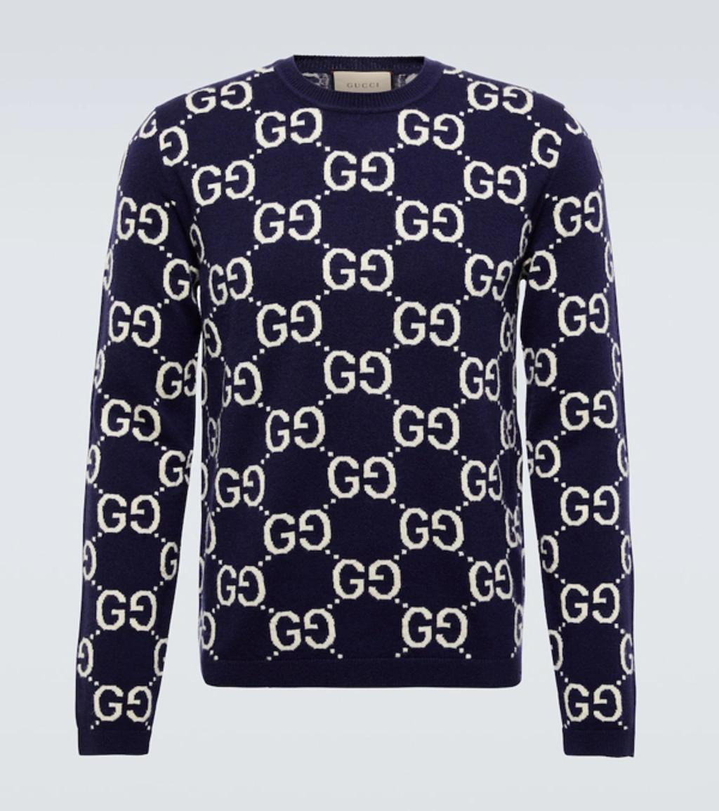 GUCCI Long Sleeves Crew-neck Sweater In Blue,ivory Product Image