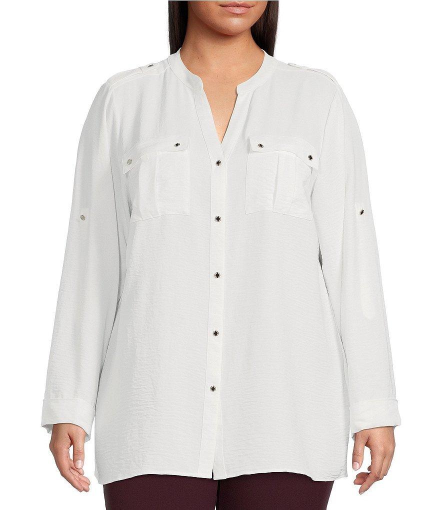 Calvin Klein Plus Size Textured Woven Split V-Neck Long Roll-Tab Sleeve Button Front Top Product Image