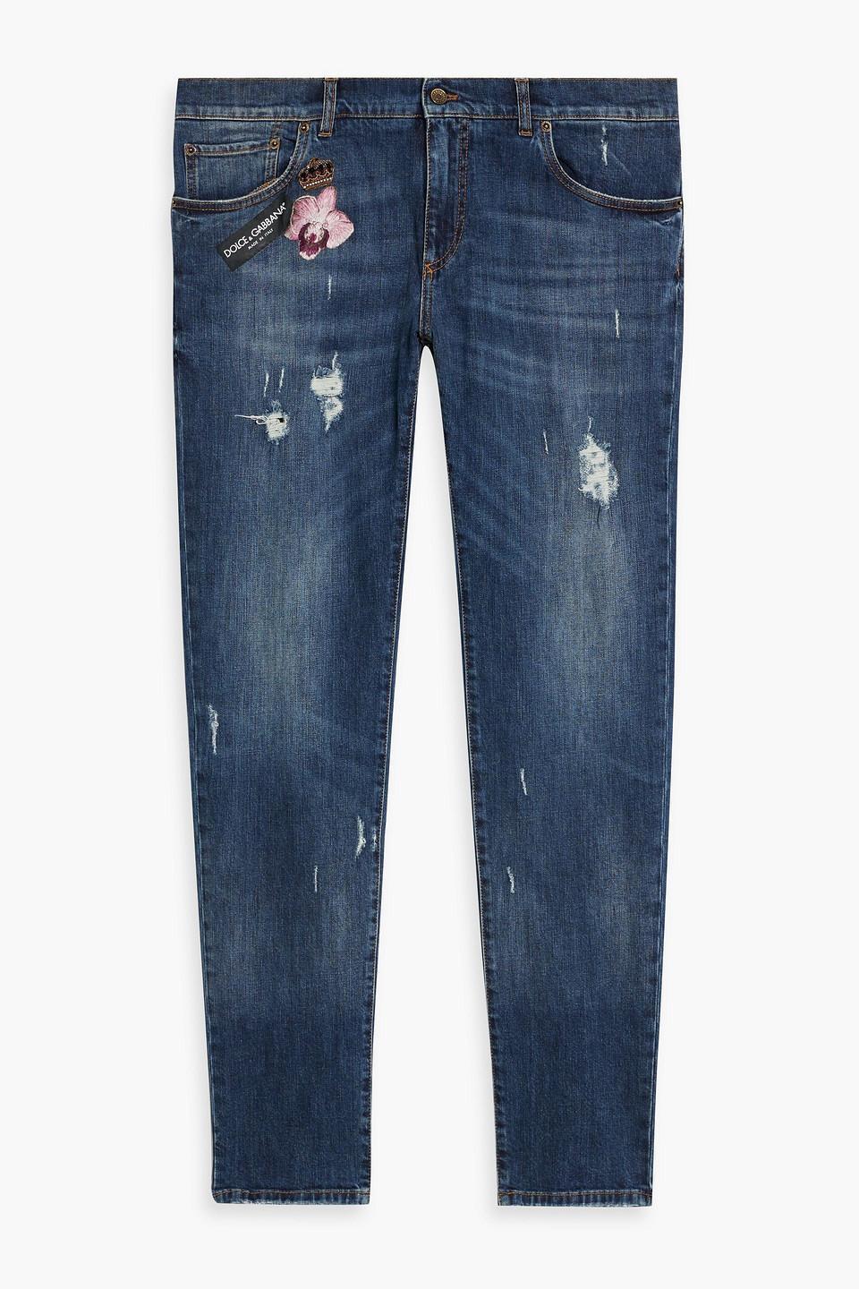 Slim-fit Embellished Distressed Denim Jeans In Dark Denim Product Image