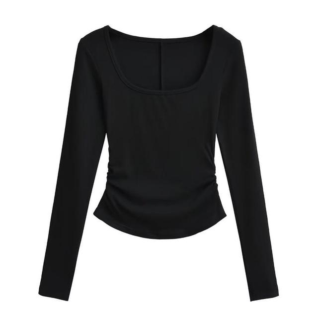 Long Sleeve Square Neck Plain Ruched Crop T-Shirt Product Image