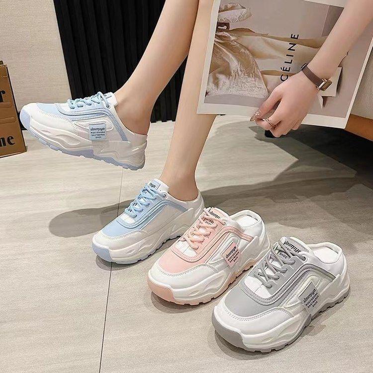 Platform Two Tone Lace-Up Faux Leather Mule Sneakers Product Image