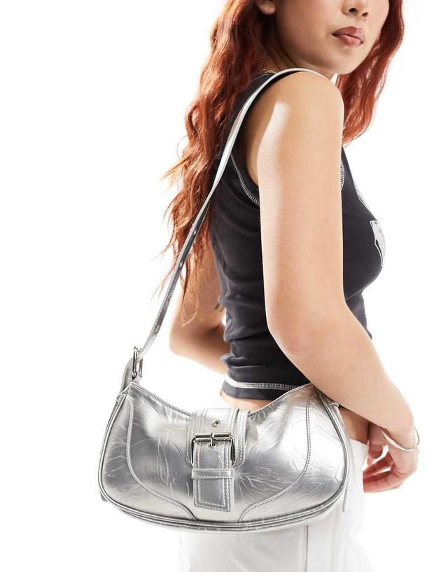 Glamorous buckle front shoulder bag in silver metallic Product Image