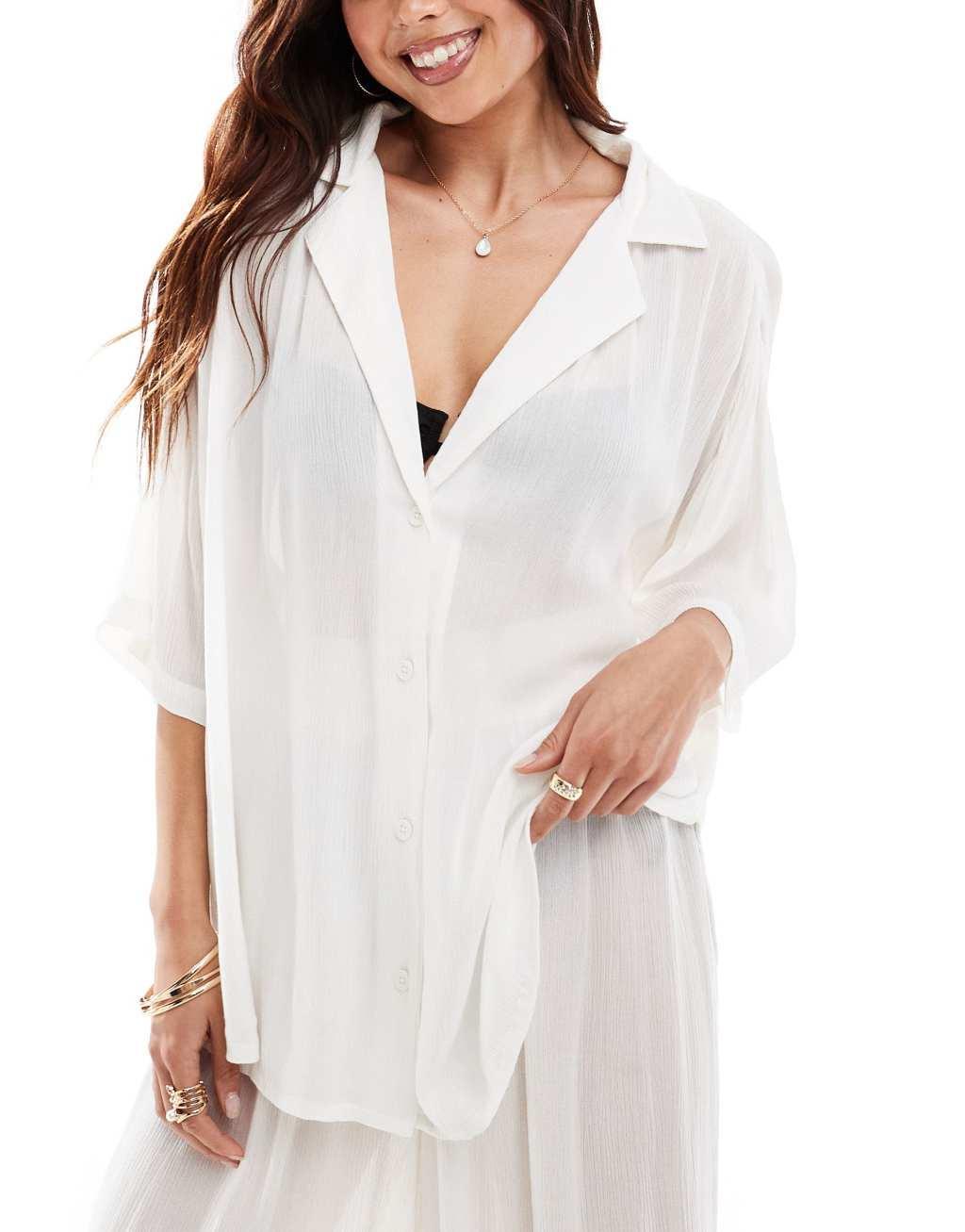 ASOS DESIGN crinkle beach shirt in white - part of a set Product Image