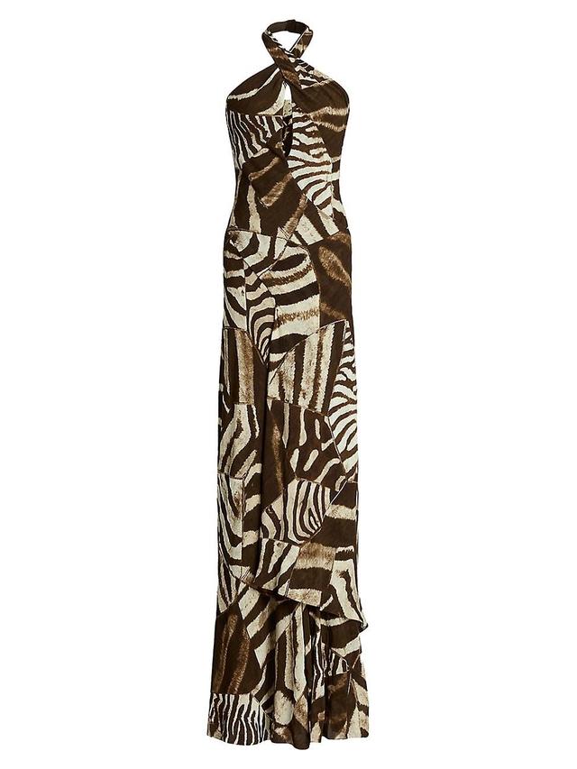 Ralph Lauren Niccola Animal-Print Crossover Halter Gown - Size: 2 - BROWN Product Image