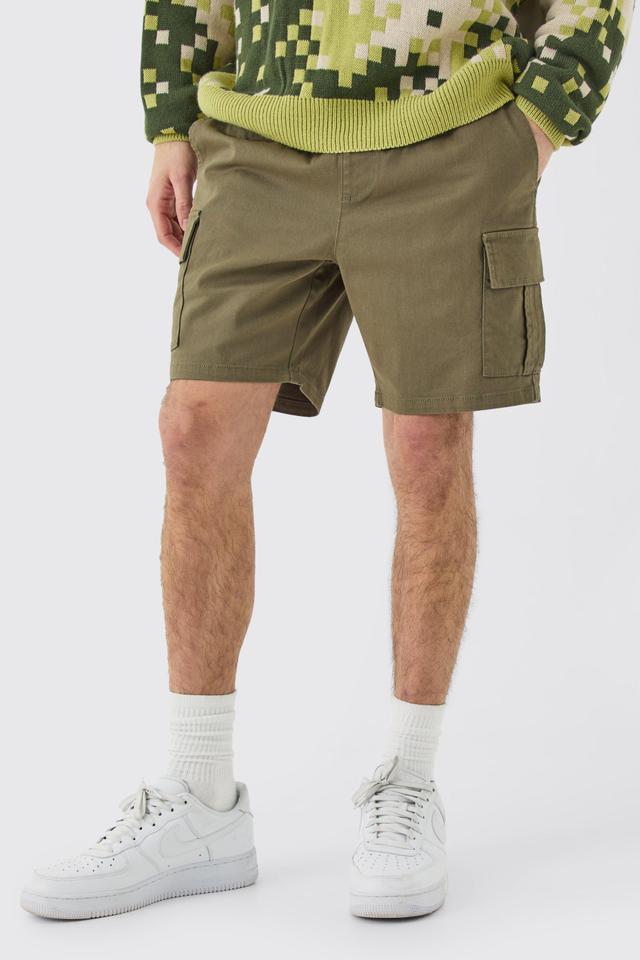 Mens Green Elasticated Waist Khaki Skinny Fit Cargo Shorts, Green Product Image