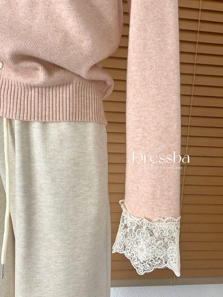 Long Sleeve V-Neck Button Panel Lace Knit Top Product Image