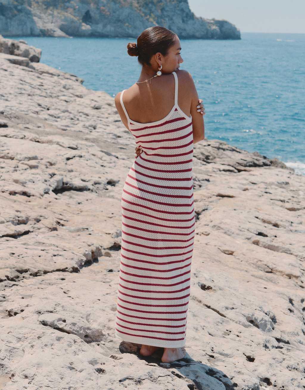 4th & Reckless x Luana Barron brittany knit maxi stripe beach dress in cherry red Product Image